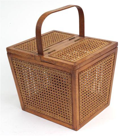 Appraisal: EDWARDIAN SATIN BIRCH AND CANEWORK PICNIC BASKET of tapering rectangular