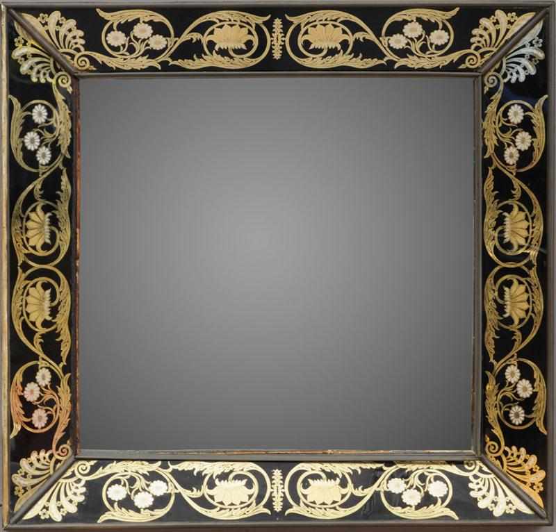 Appraisal: BAROQUE STYLE BRASS-MOUNTED MAHOGANY AND EGLOMIS MIRROR The plate within