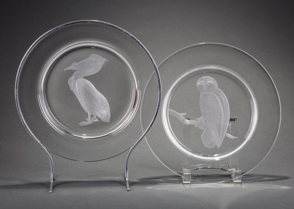 Appraisal: Steuben Glass Audubon Snowy Owl and White Pelican Plates designed