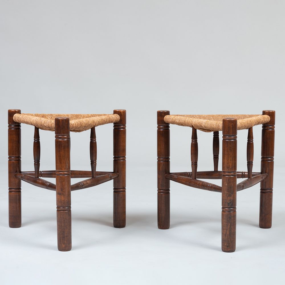 Appraisal: Pair of Pilgrim Style Three-Legged Maple Stools Stamped Wallace Nutting