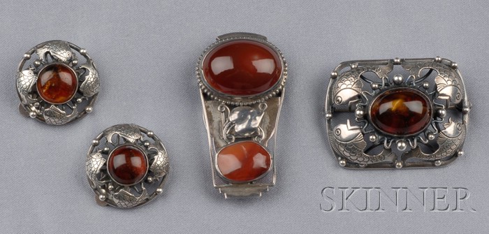 Appraisal: Sterling Silver and Amber Suite Denmark comprising a brooch and