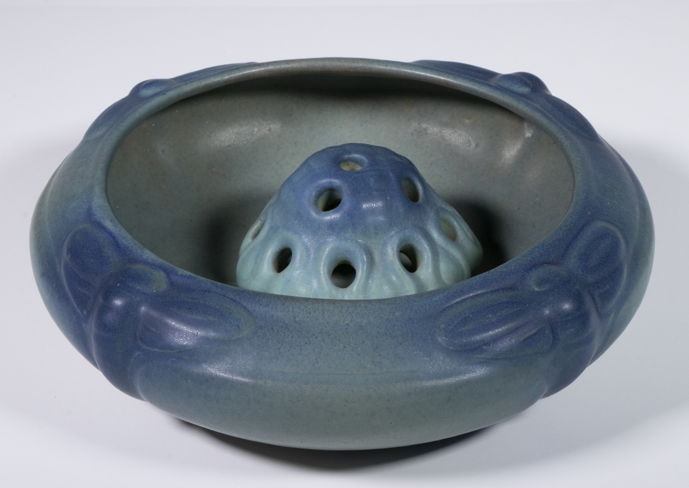 Appraisal: VAN BRIGGLE DRAGONFLY BOWL WITH FLOWER FROG Circa Blue Glazed