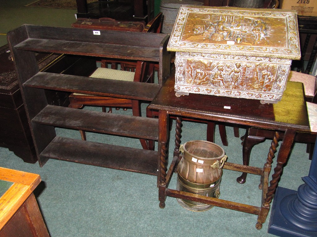 Appraisal: Lot comprising oak open bookcase log box occasional table and