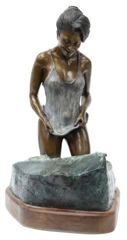 Appraisal: Multicolor patina bronze sculpture Woman Standing Before a Wave signed