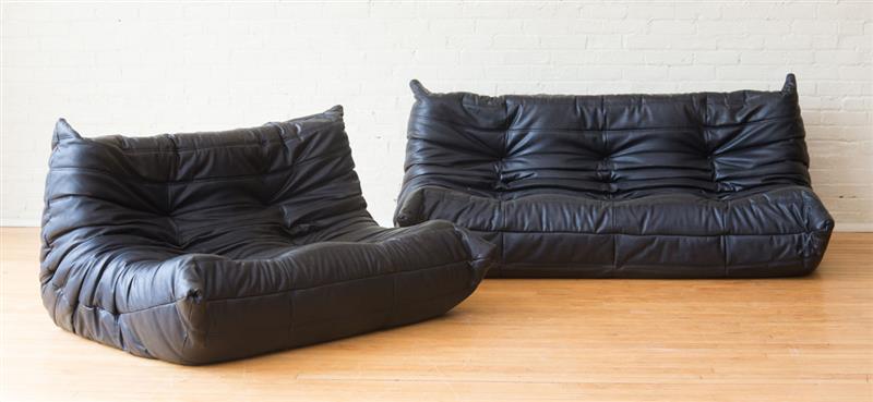 Appraisal: MICHEL DUCAROY LIGNE ROSET BLACK LEATHER TOGO SOFA AND LOVE