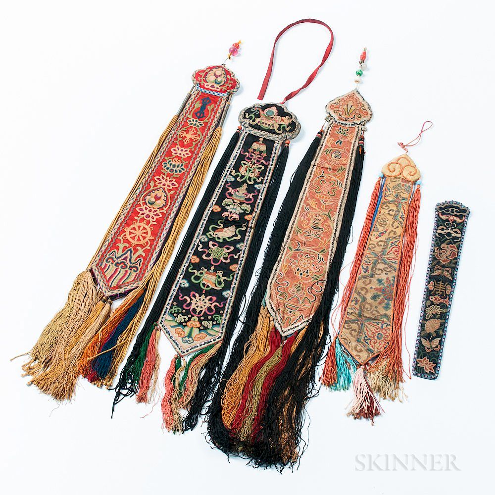 Appraisal: Four Embroidered Tassels and a Fan Case Four Embroidered Tassels