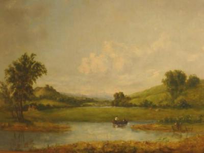 Appraisal: G DAWSON Lakescene with fishermen signed x gilt frame