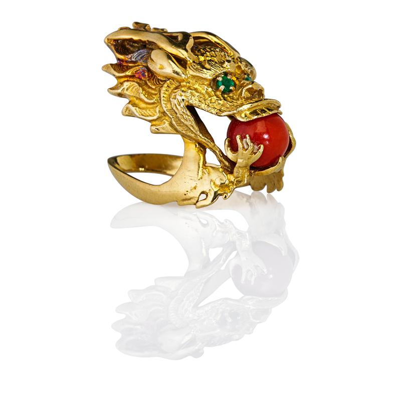 Appraisal: K YELLOW GOLD CORAL AND EMERALD DRAGON RING Cast and