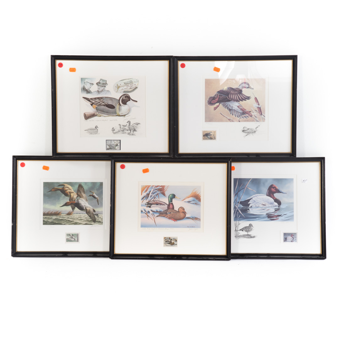 Appraisal: Group of five framed duck prints with stamps artists include