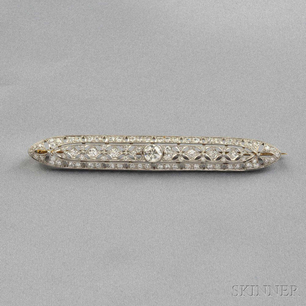 Appraisal: Art Deco Platinum and Diamond Bar Brooch Tiffany Co bezel-set