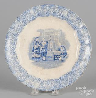 Appraisal: Blue spatter plate with transfer decoration of Chinese figures ''