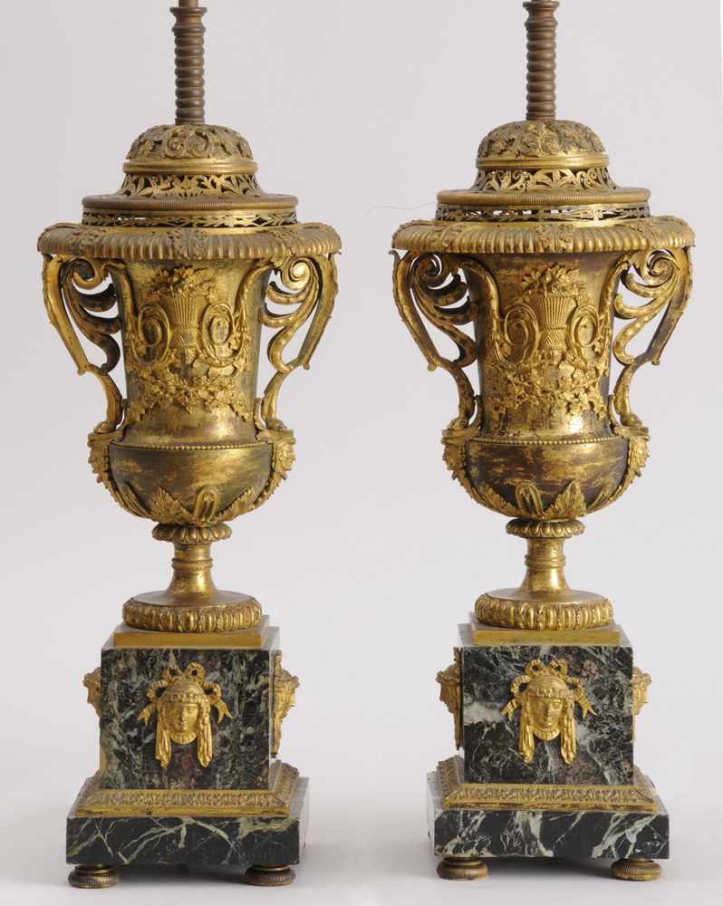 Appraisal: PAIR OF EMPIRE STYLE GILT-BRONZE AND VERDE ANTICO MARBLE URN