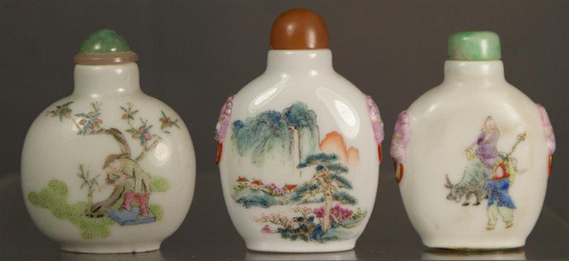 Appraisal: enameled porcelain purse shaped snuff bottles landscape and figural designs