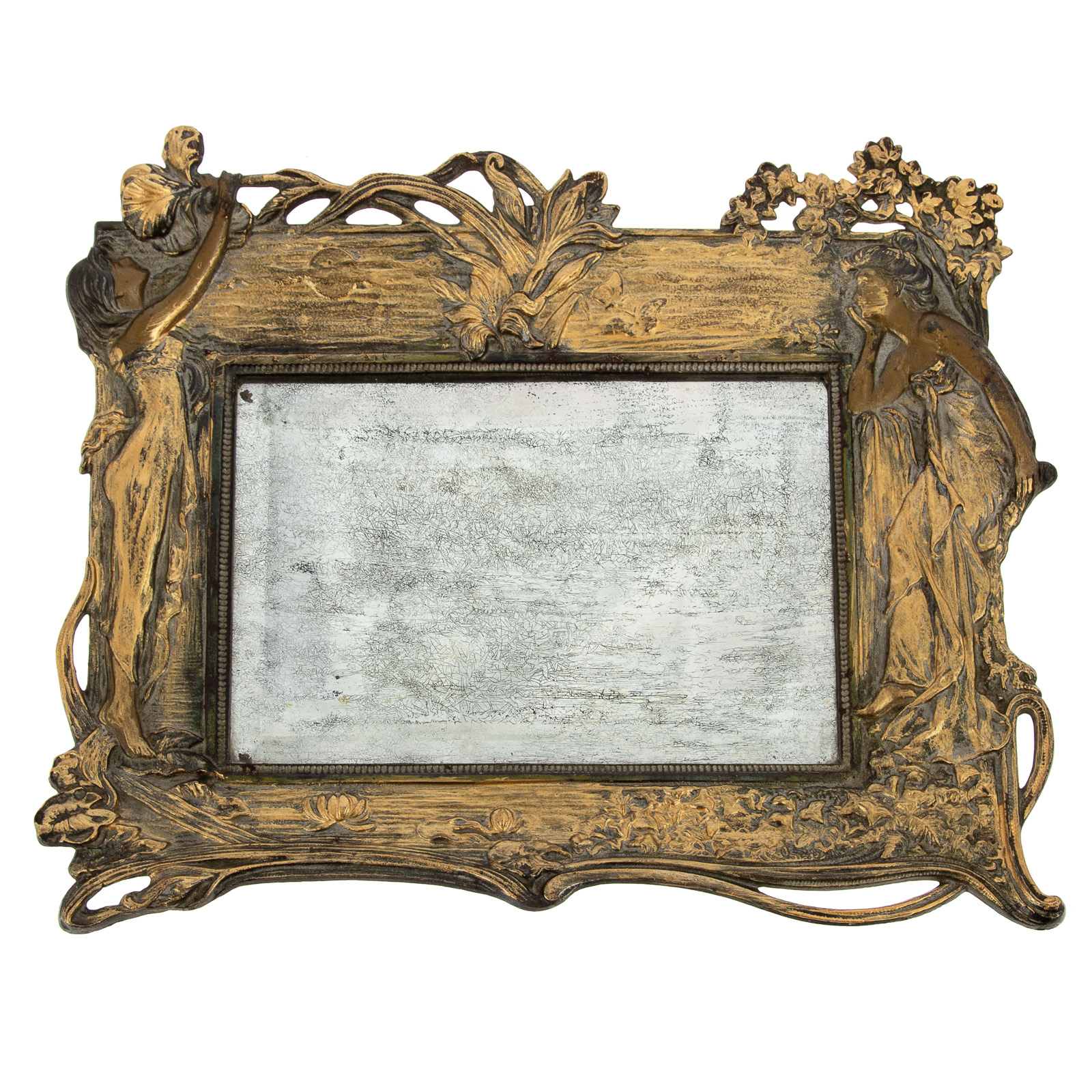 Appraisal: ART NOUVEAU GILT IRON FIGURAL MIRROR Circa - rectangular mirror