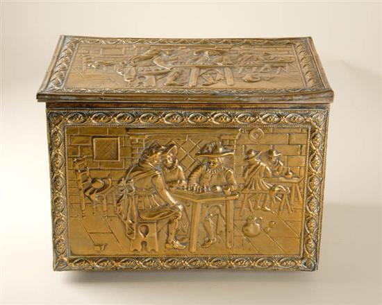 Appraisal: A Brass Covered Firewood Box with relief designs of people