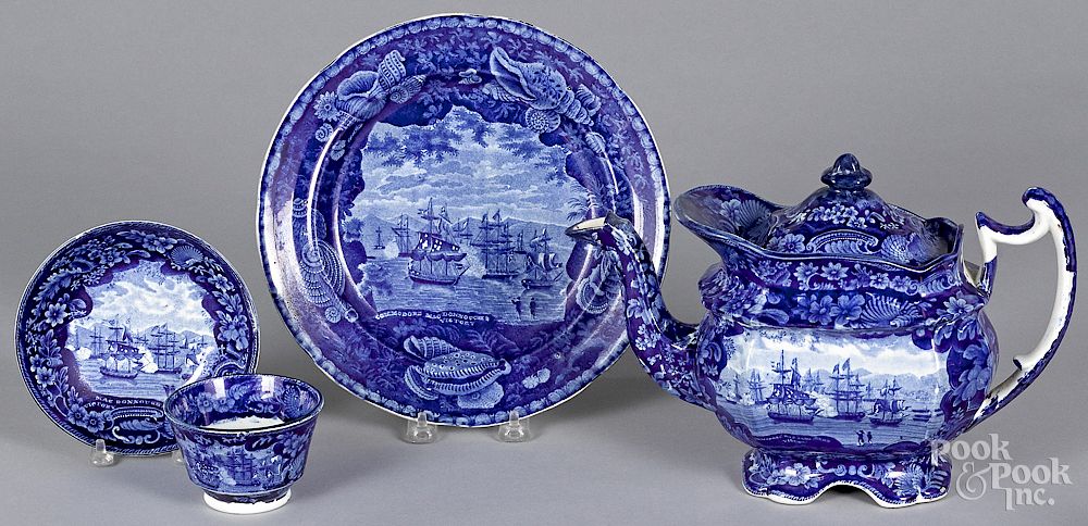 Appraisal: Four pieces of Staffordshire historical blue Commodore Macdonough's Victory Exclusive