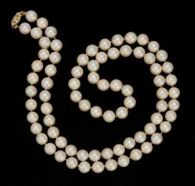 Appraisal: A Ladies' Pearl Matinee Necklace k yellow gold filigree clasp