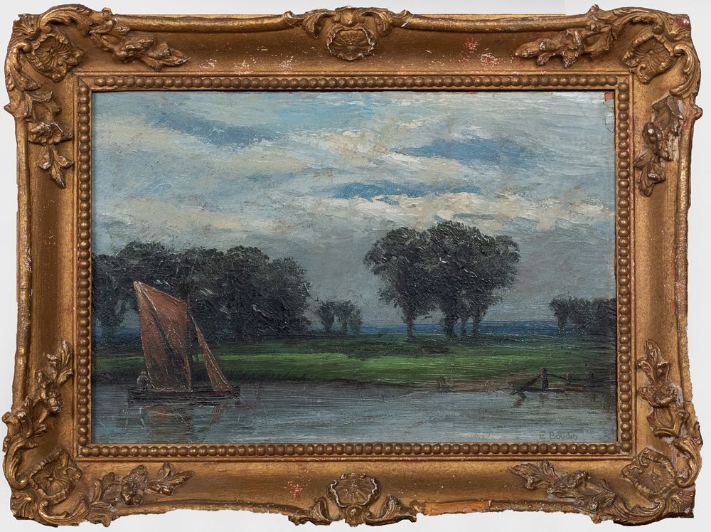 Appraisal: French School Landscape with Sailboat Oil on board signed 'E