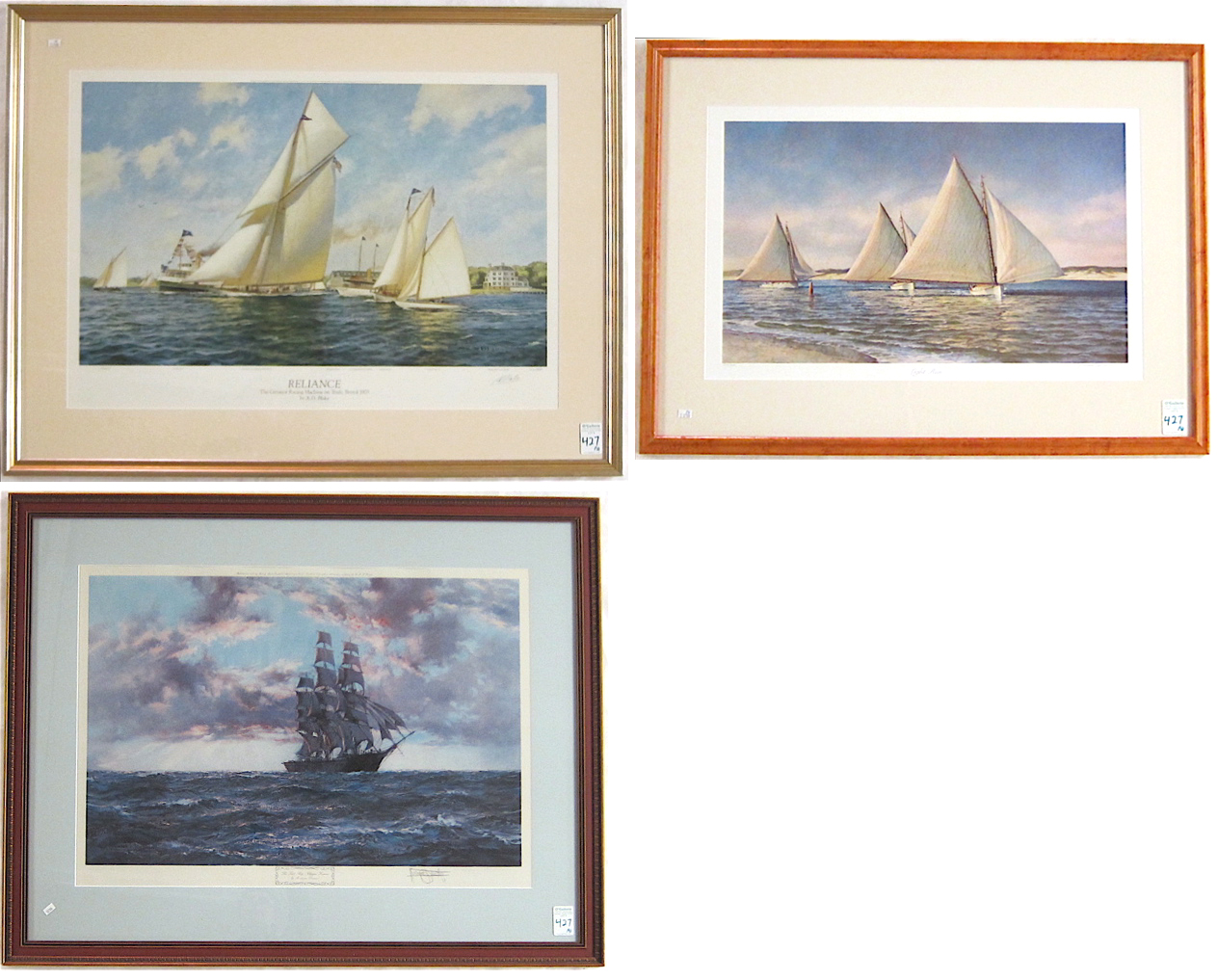 Appraisal: THREE SAIL PRINTS Reliance by A D Blake image measures