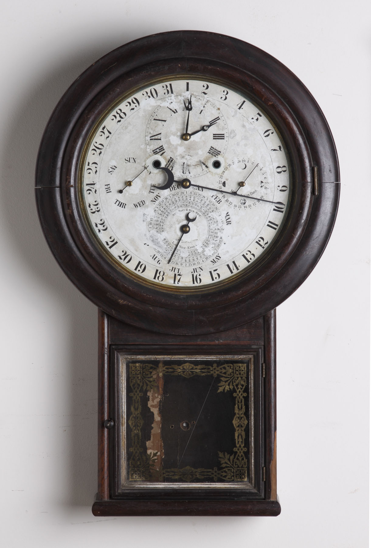 Appraisal: Gale Astronomical Calendar Wall Clock Grained rosewood case in original