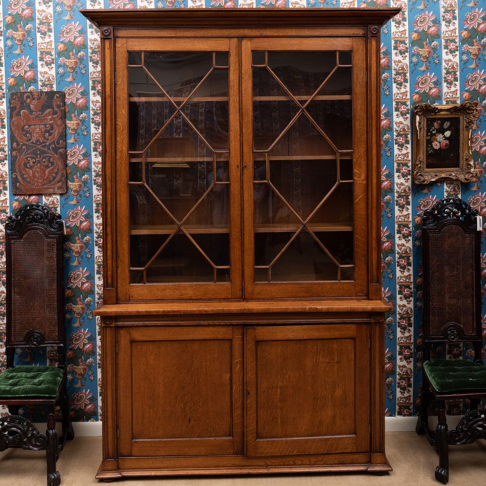 Appraisal: Regency Carved Oak Bookcase In two parts the upper section