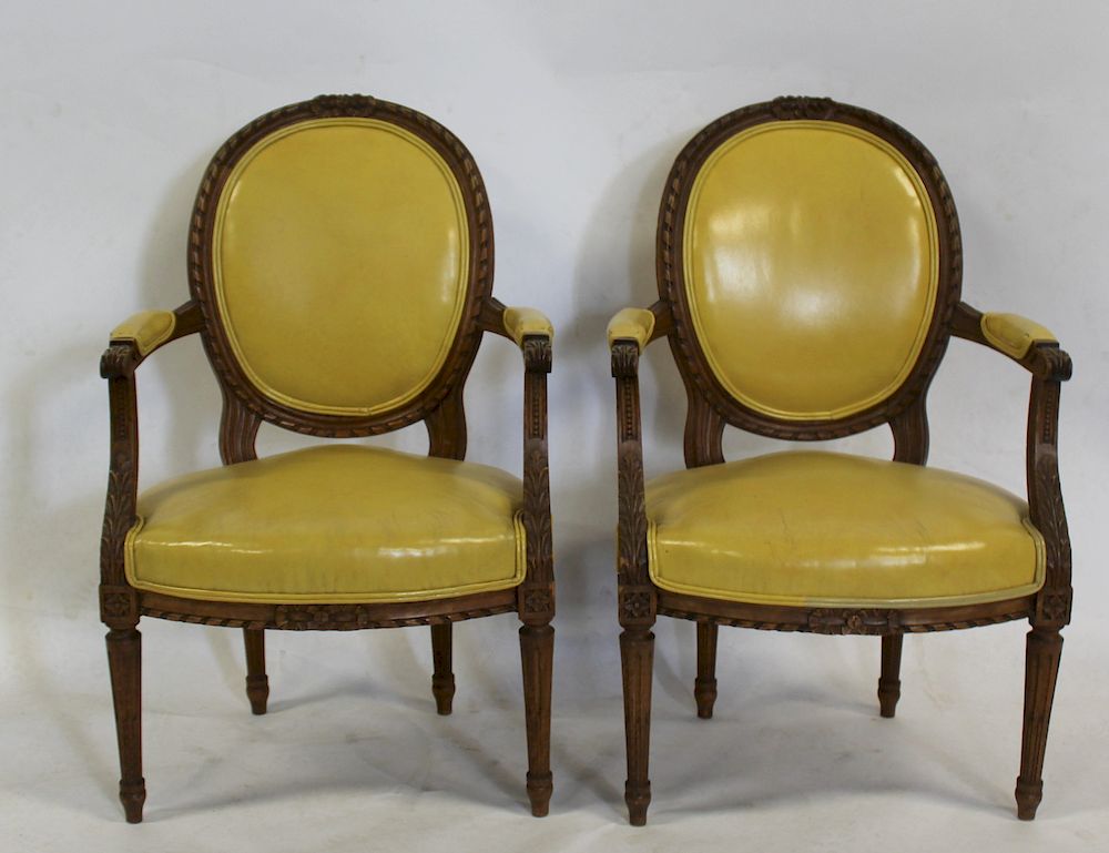 Appraisal: Pair of Louis XVI Style Finely Carved Arm Chairs Clarke