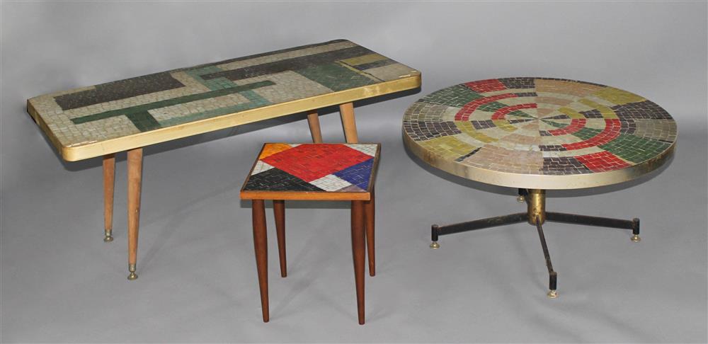 Appraisal: GROUP OF THREE MID-CENTURY MOSAIC TILED TABLES one a circular