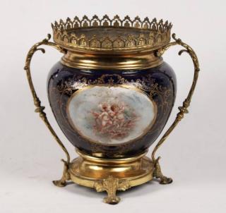 Appraisal: FRENCH BRONZE MOUNTED SEVRES JARDINIERE FRENCH BRONZE MOUNTED COBALT GROUND