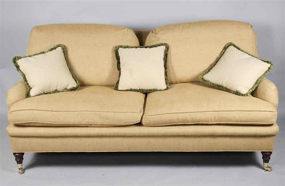 Appraisal: TAUPE UPHOLSTERED CLUB SOFA having a straight back with double