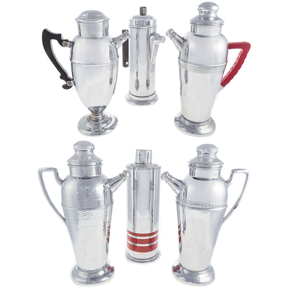 Appraisal: Six Art Deco Chrome Cocktail Shakers Circa s- s stylized