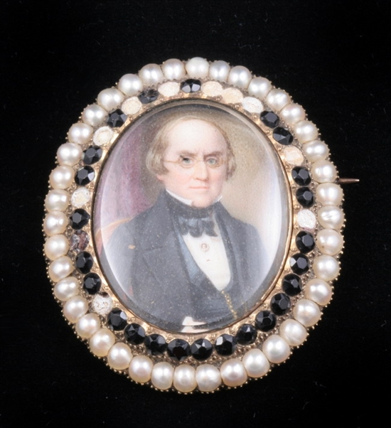 Appraisal: VICTORIAN YELLOW GOLD PEARL AND JET OVAL PORTRAIT MINIATURE MOURNING