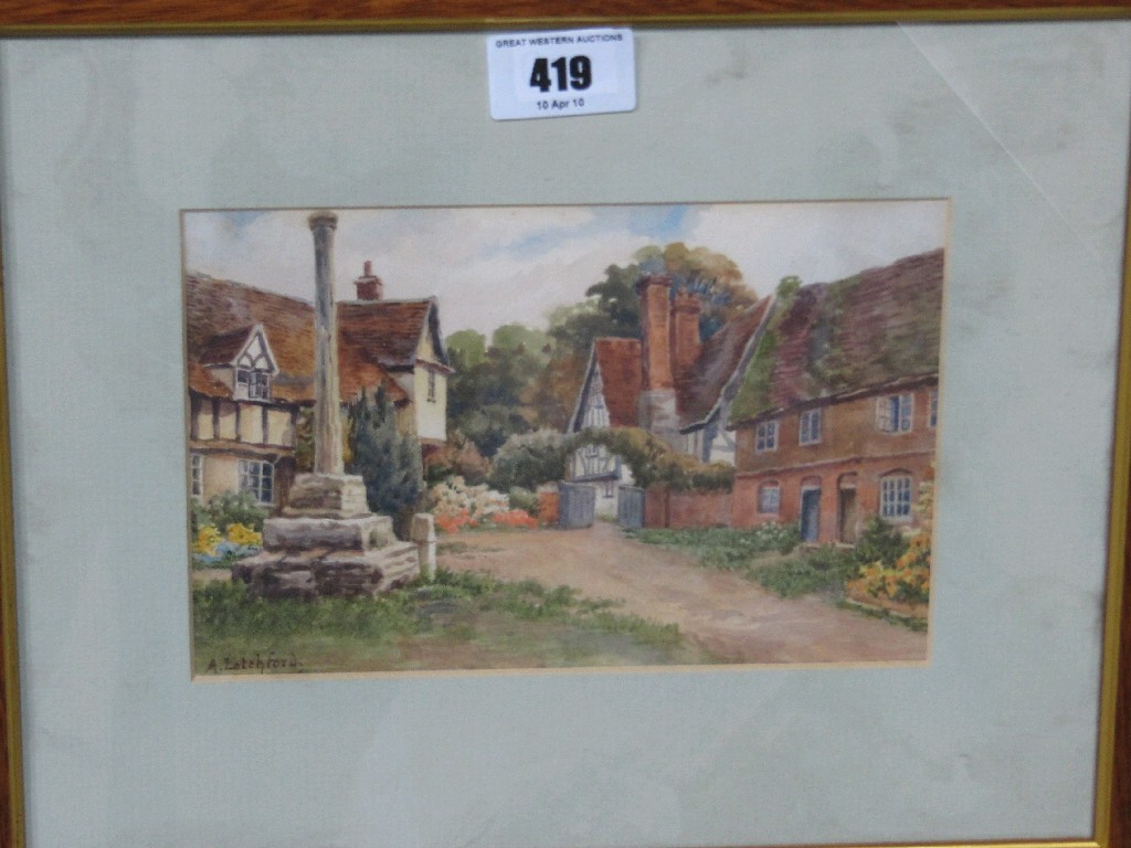 Appraisal: ALICE LATCHFORD watercolour English village scene signed recto and labelled