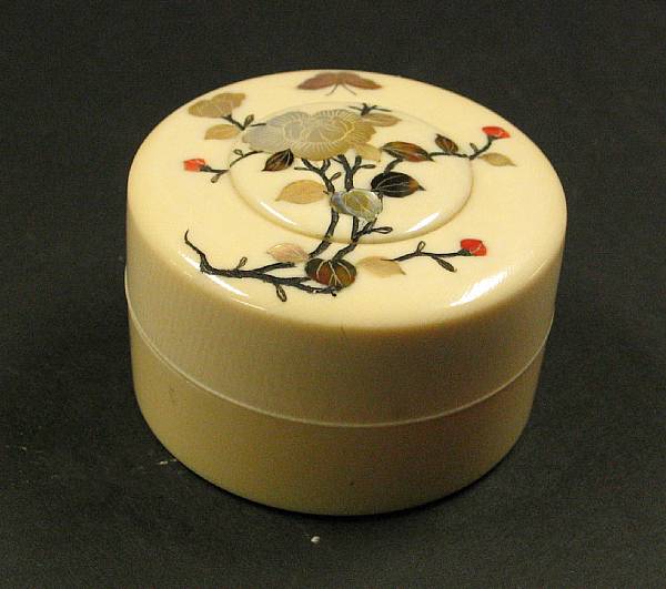 Appraisal: A Shibayama style circular ivory bako Meiji Period Inlaid and