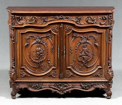 Appraisal: French Louis XV style commode elaborately carved walnut with one