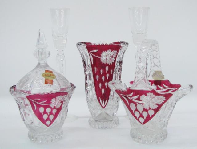 Appraisal: Bohemian type ruby cut-to-clear glassware German made crystal including vase