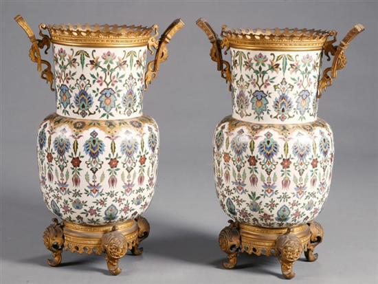 Appraisal: PAIR OF BRONZE-MOUNTED URNS European late th-early th century earthenware