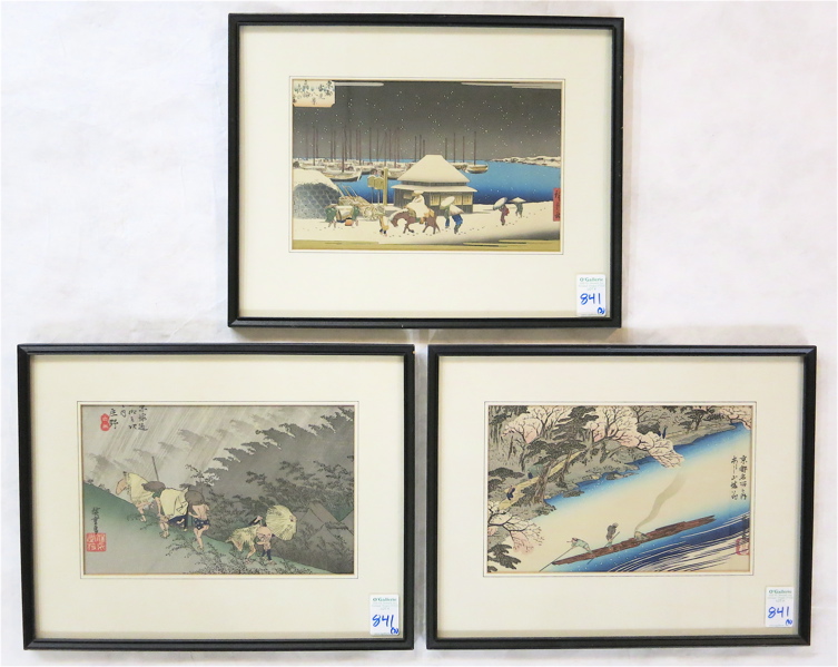 Appraisal: THREE JAPANESE WOODCUTS depicting outdoor scenes th century Openings measure