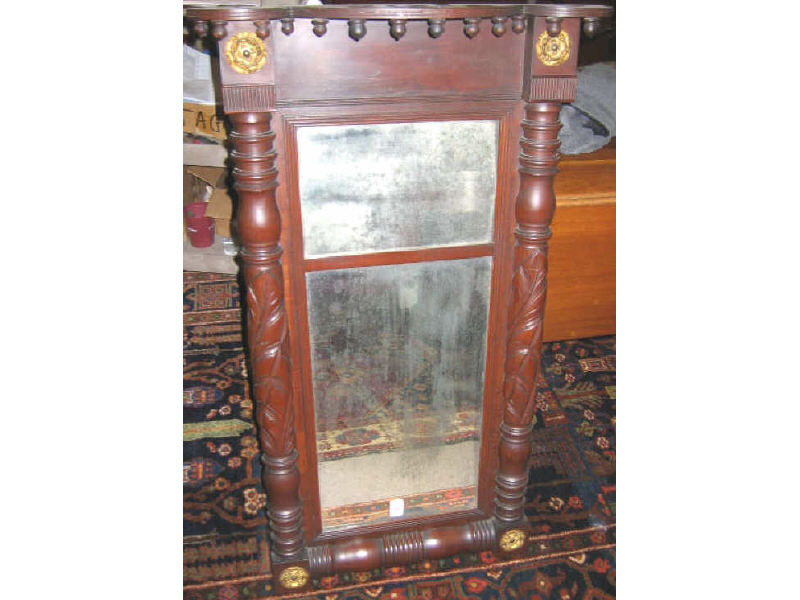 Appraisal: AMERICAN FEDERAL MAHOGANY WALL MIRROR Flat bow front top overhangs