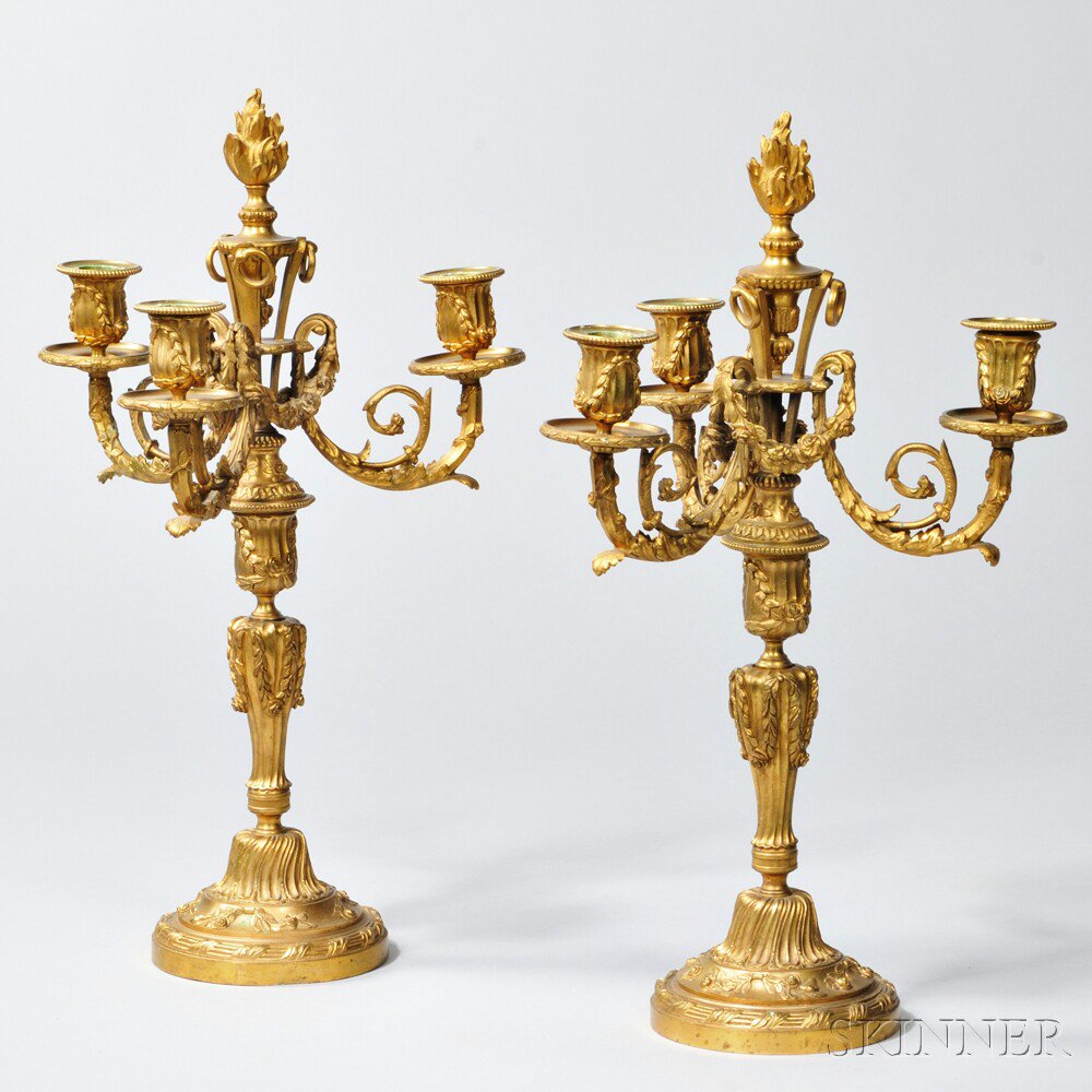 Appraisal: Pair of Gilt-bronze Three-light Candelabra France th century each with