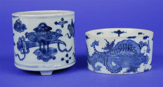 Appraisal: TWO CHINESE BLUE AND WHITE CYLINDRICAL CENSER VESSELS one footed