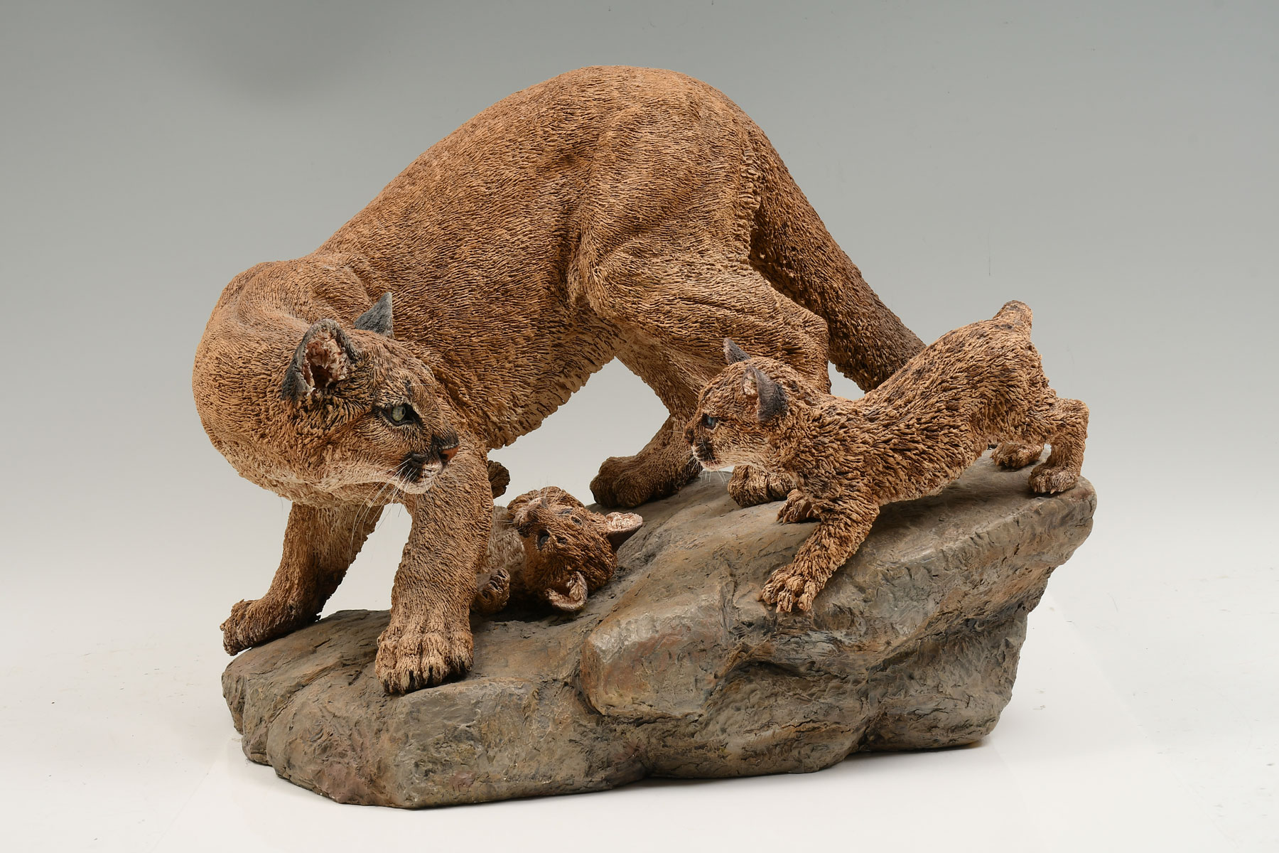 Appraisal: JOHANNA DRUMMOND CARVED CLAY COUGAR WITH CUBS Individually carved clay