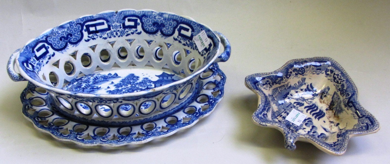 Appraisal: A Staffordshire pearlware blue and white oval pierced two-handled basket