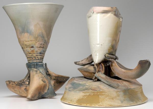 Appraisal: SUZANNE STEPHENSON Two low-fired earthenware sculptural vessels with opalescent slip