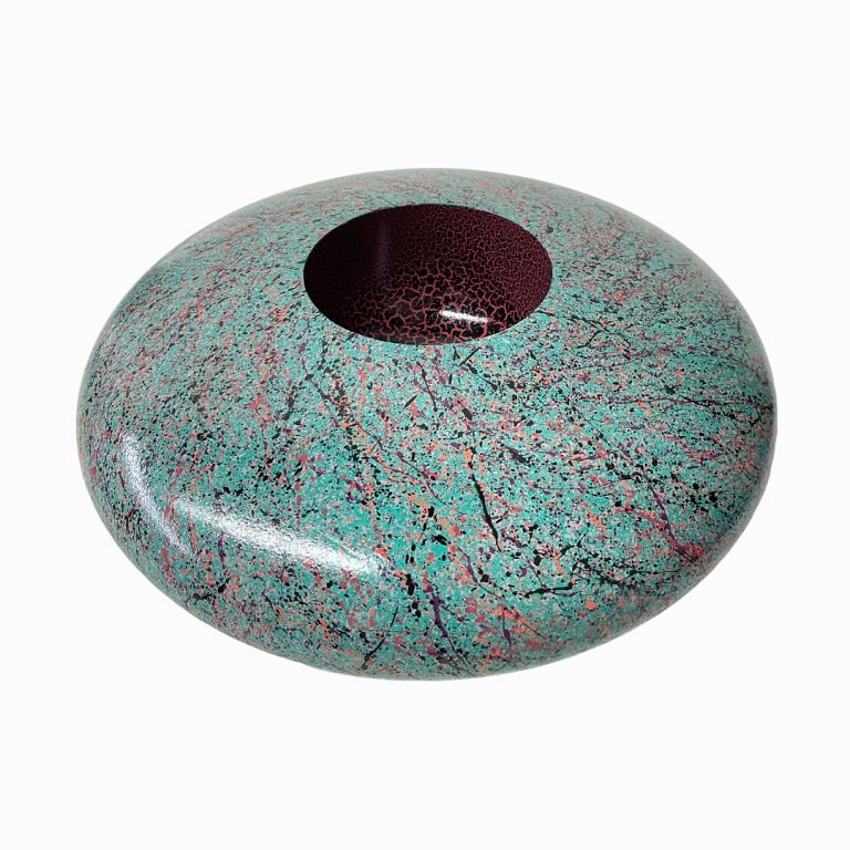 Appraisal: Signed Crackle Finish Turquoise Wooden Vase Large round flattened wooden