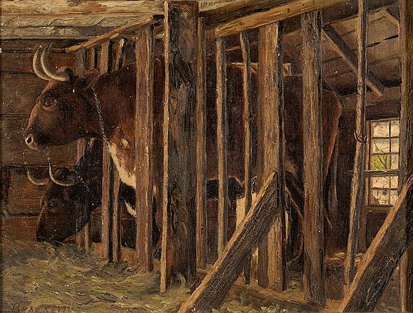 Appraisal: STABLE SCENE WITH OXEN BY SYDNEY LAWRENCE BRACKETT AMERICAN -