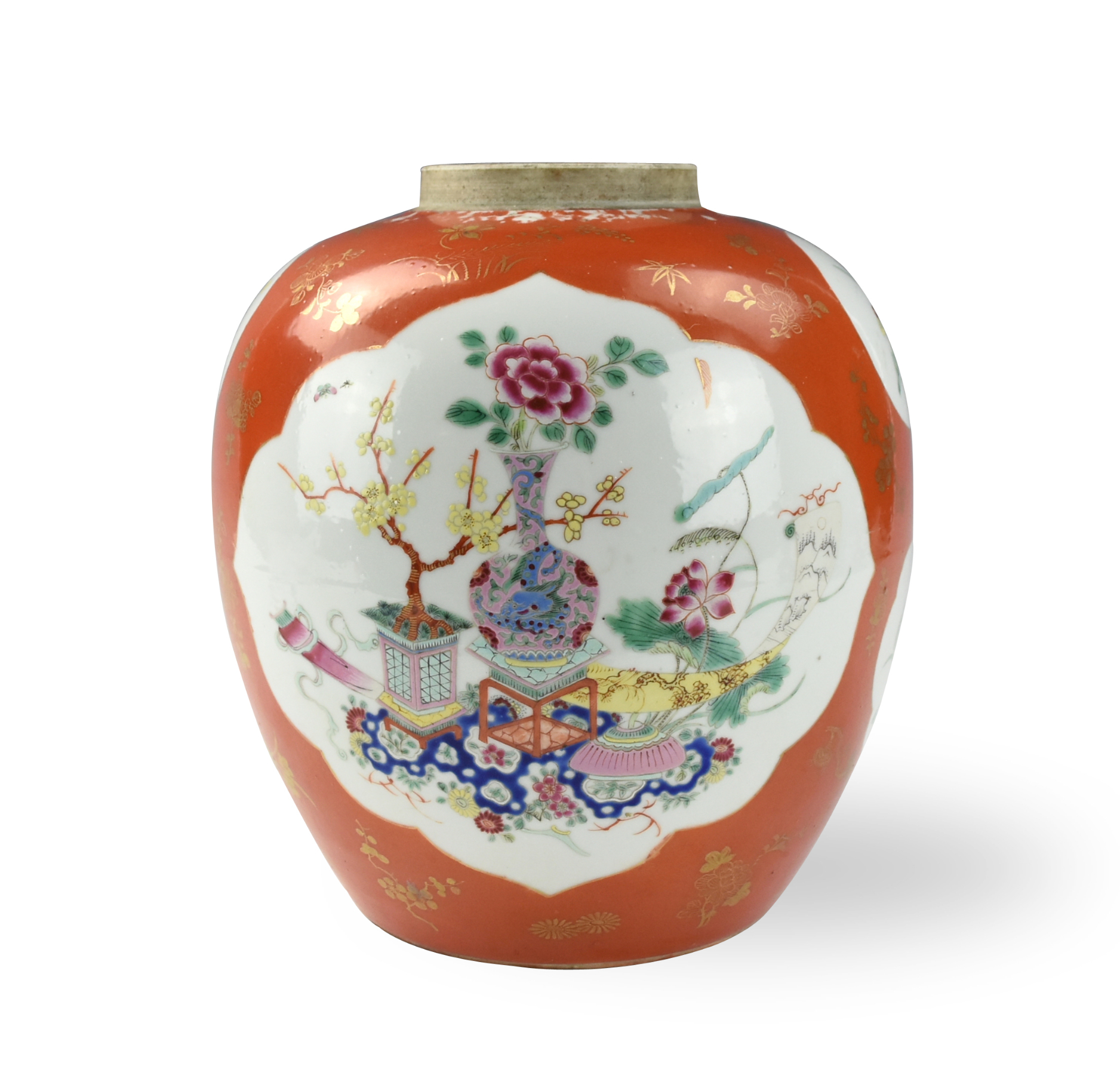 Appraisal: CHINESE CORAL GROUND FAMILLE ROSE JAR TH C Chinese th