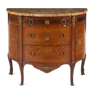 Appraisal: A Louis XV XVI Transitional Style Marquetry Marble-Top Commode Late