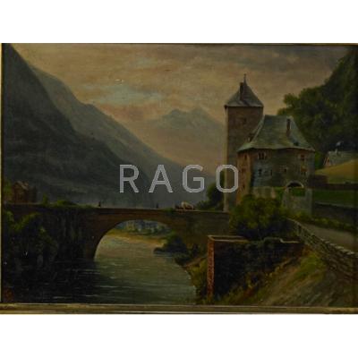 Appraisal: OIL PAINTING ON BOARD River scene with bridge and castle