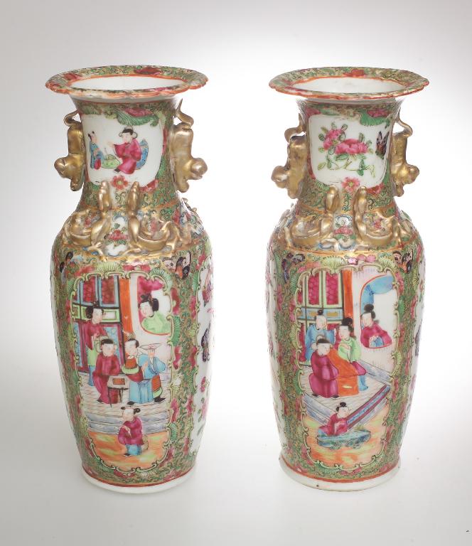 Appraisal: PAIR OF CHINESE CANTON PORCELAIN VASES c each painted with