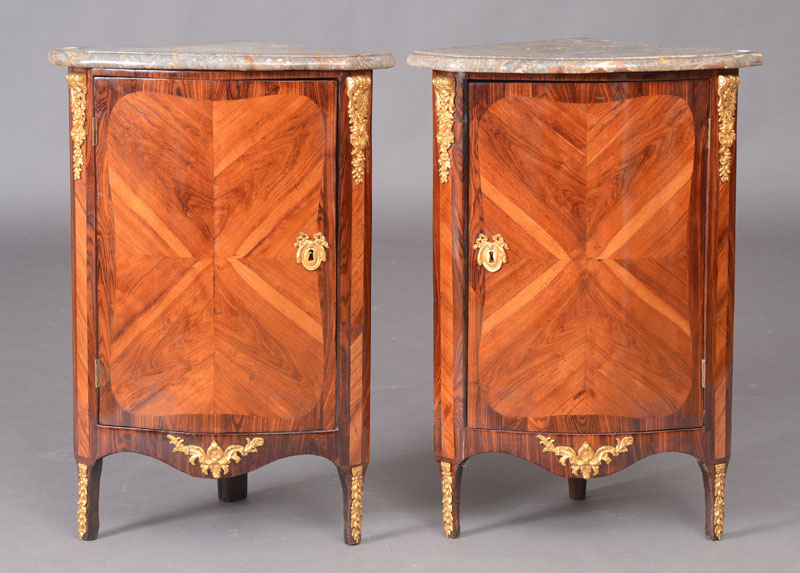 Appraisal: PAIR OF LOUIS XVI ORMOLU-MOUNTED KINGWOOD AND TULIPWOOD PARQUETRY ENCOIGNURES